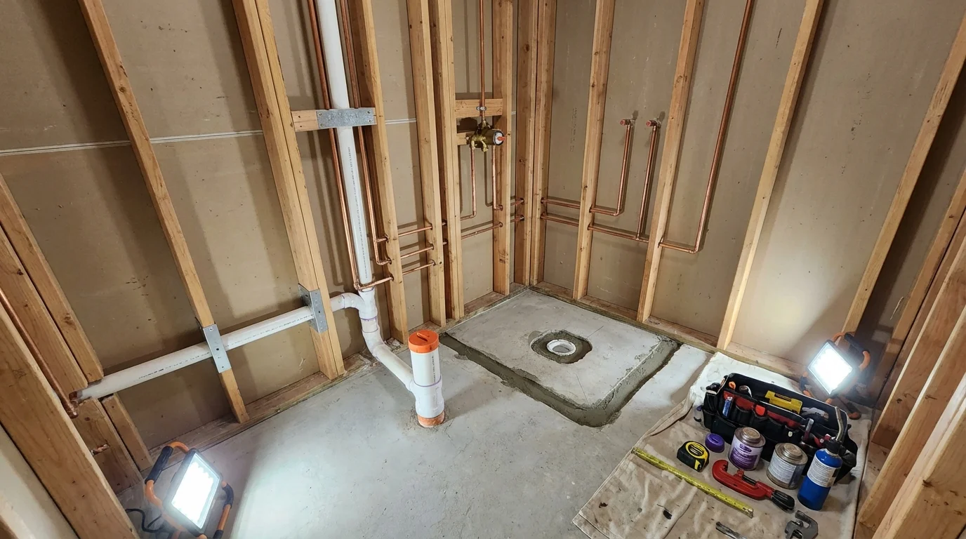 Bathroom rough-in plumbing during remodel by Johns Plumbing LLC in Cardington