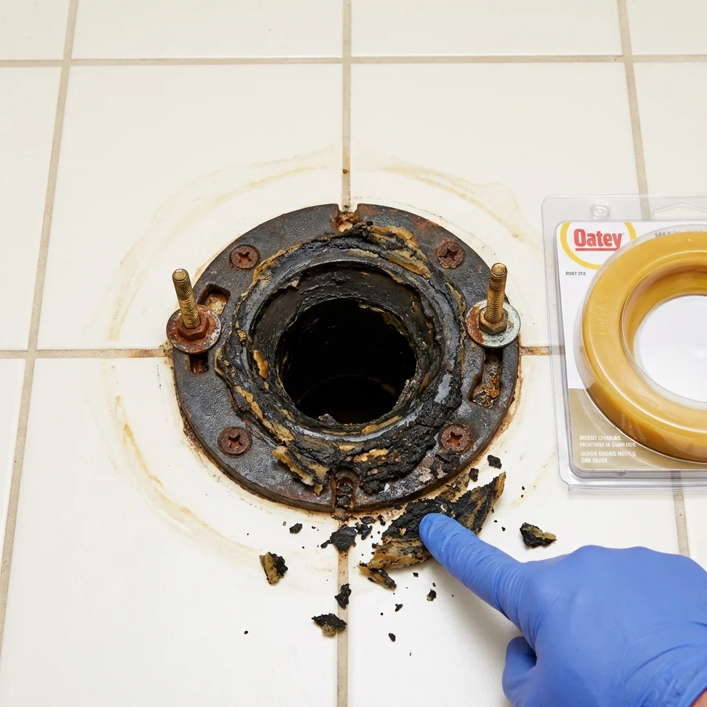 Failed wax ring showing water seepage at the base of a toilet in a Cardington, OH home