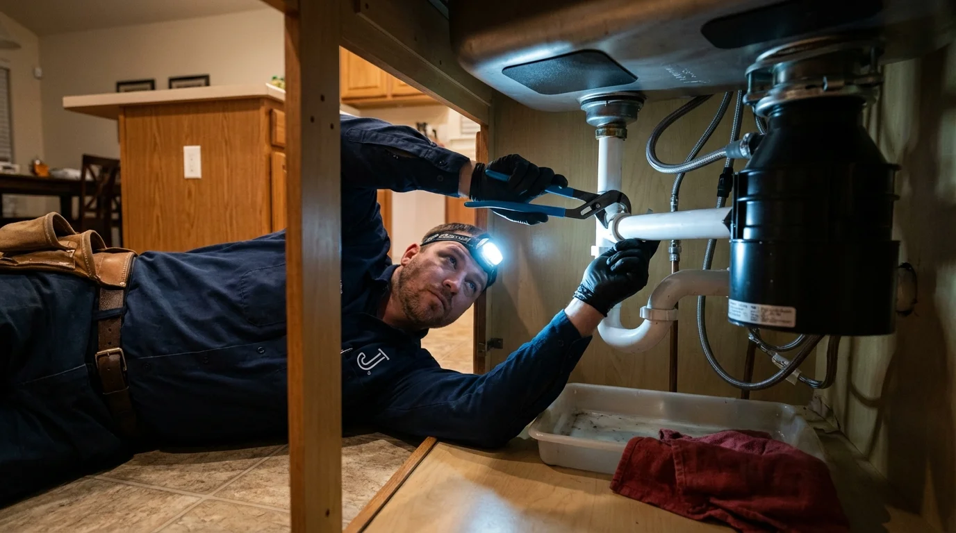 P-trap and supply line connections under a kitchen sink showing a common leak point in Cardington, OH